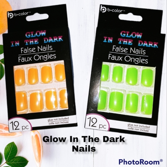 2 Sets, Glow In The Dark Nails. Glue-On. Adult Size. Orange & Green. - Picture 1 of 5